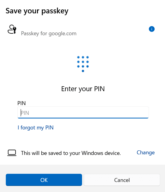 The Enter your PIN to create a password window on Windows.