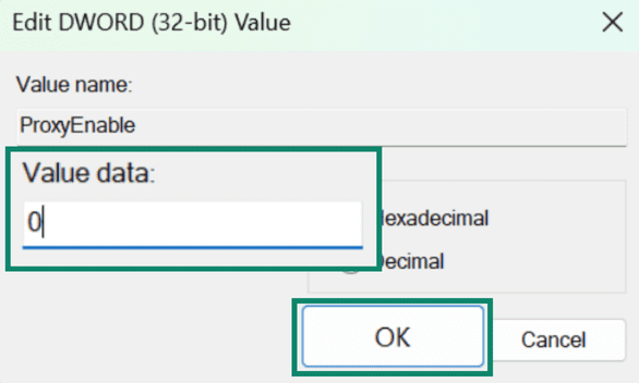 Windows ProxyEnable registry settings with Value data box and OK button highlighted.