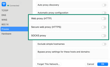 Mac Proxies settings with different proxy options highlighted.