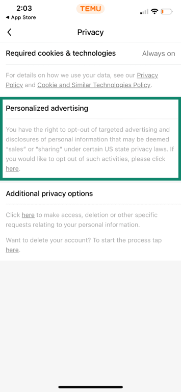 Temu privacy settings with Personalized advertising highlighted.