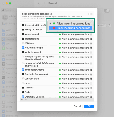Firewall settings on macOS either allow or block incoming connections.