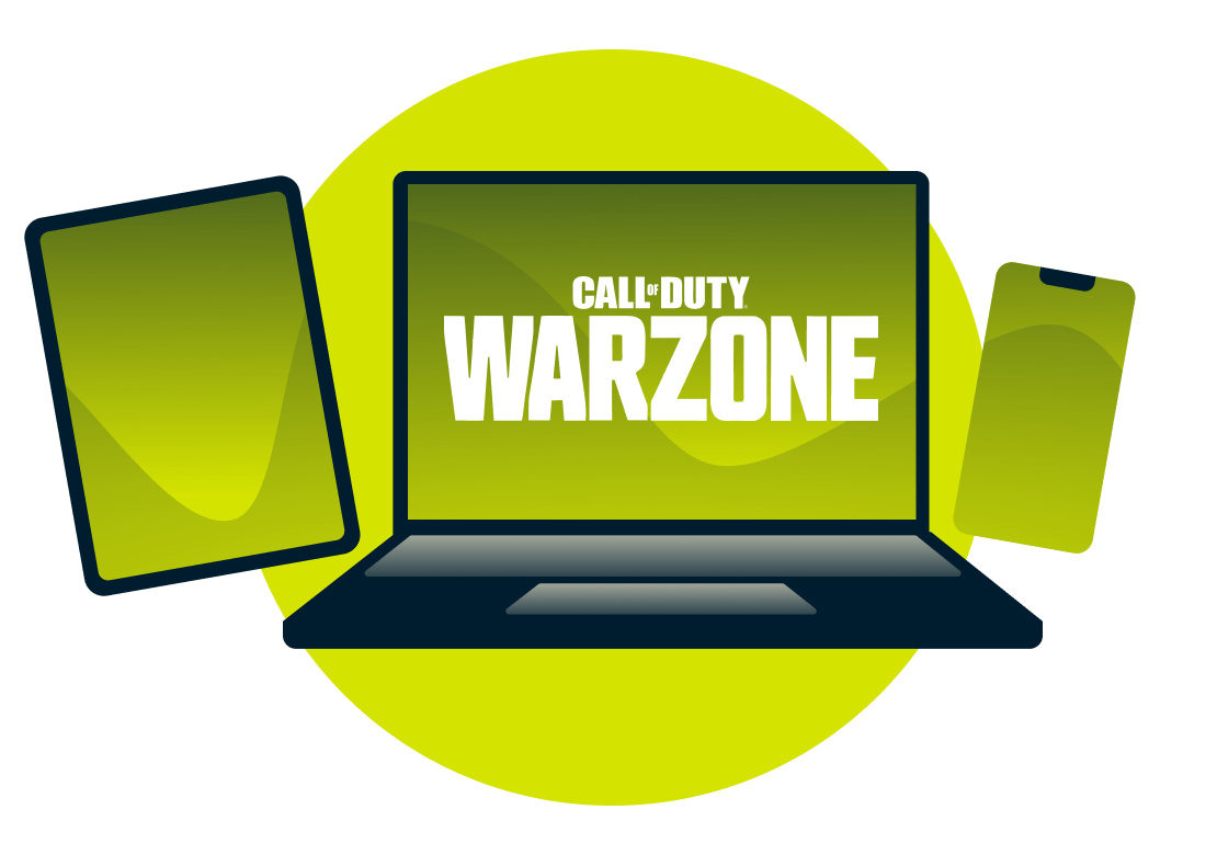 Allerlei apparaten met het logo van Call of Duty: Warzone.