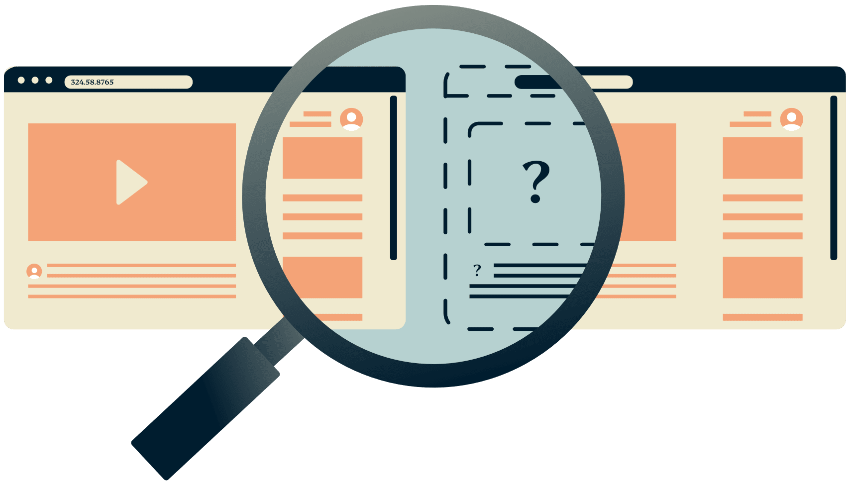 Une loupe au-dessus de deux fenêtres de navigateur où l'une d'elles est cachée.