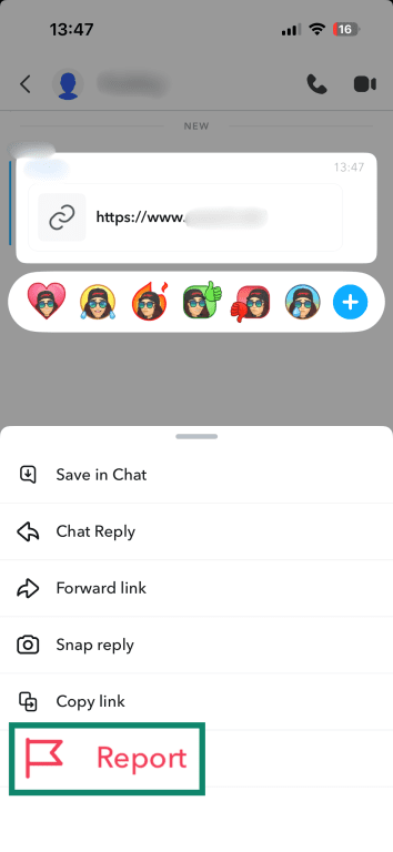 Snapchat chat message options showing a shared link with save, reply, forward, and report actions.