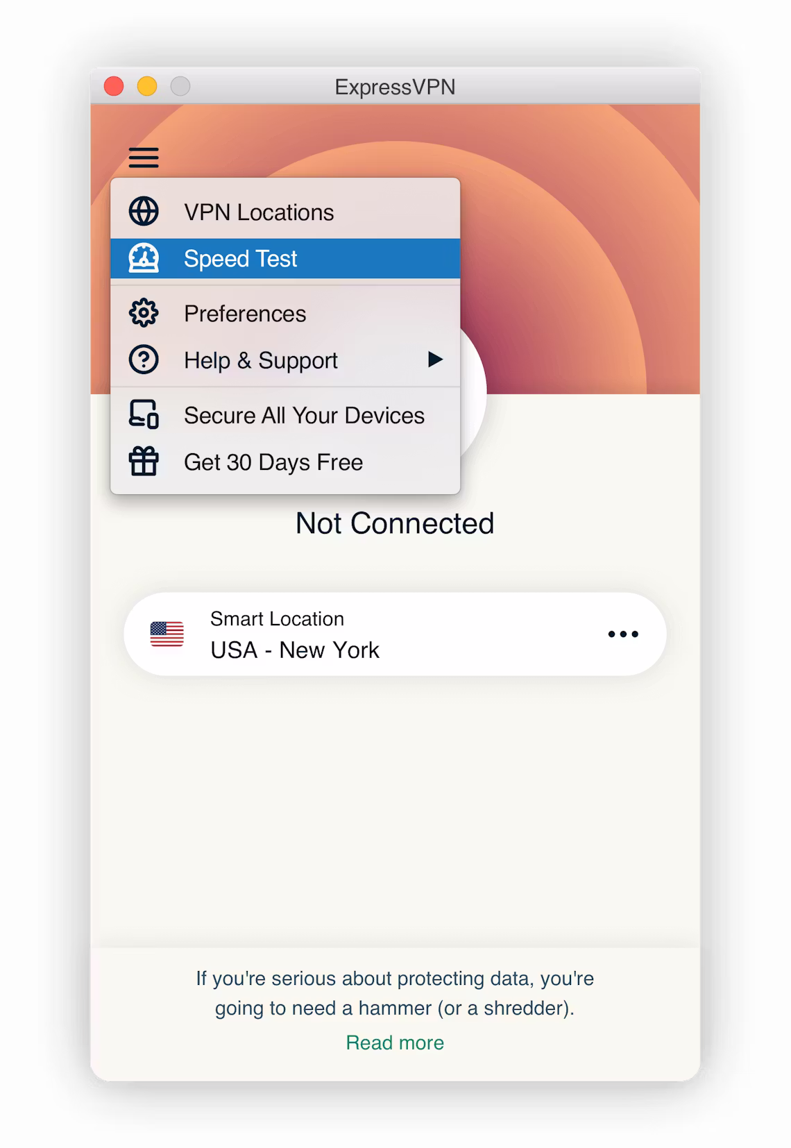 การเลือกการทดสอบความเร็วบนอินเทอร์เฟซ ExpressVPN