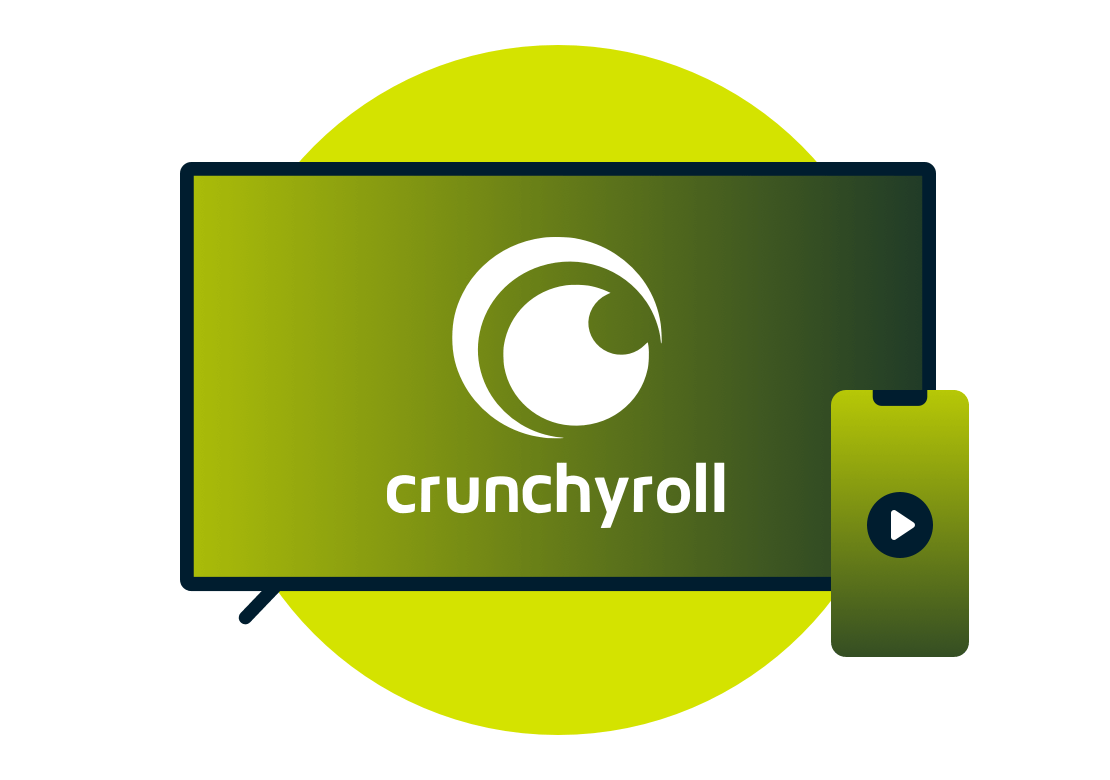 Televisiescherm met Crunchyroll logo.