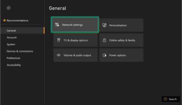 The Xbox settings menu, with the network settings option highlighted.