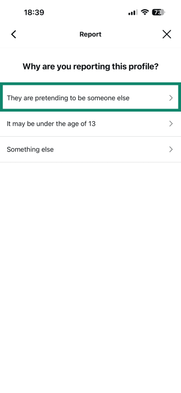 The Report menu on Instagram asking for the reason why you're reporting a profile.
