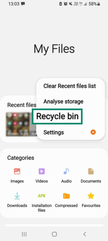Recycle bin option in My Files on Android (Samsung).