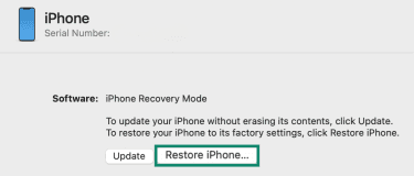 iPhone Recovery Mode settings on Mac with Restore iPhone button highlighted.