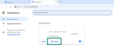 Google Chrome Extensions settings with Remove button highlighted.