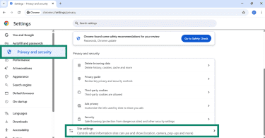 Google Chrome Privacy and security settings with Site settings button highlighted.