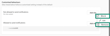 Microsoft Edge Customised behaviours with Block and Remove buttons highlighted.