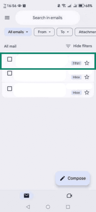 Gmail's Android app with an email highlighted