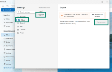"Files" and "Export" options highlighted in the Outlook settings on Windows 11.