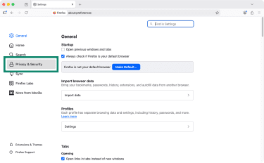The Privacy & Security button highlight on the main Firefox Settings screen.