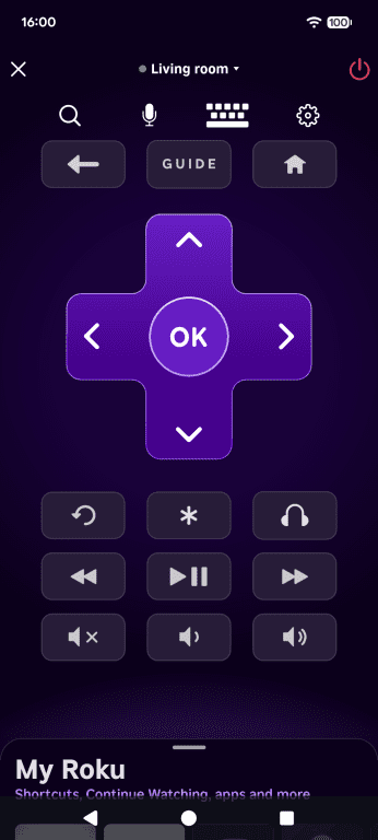 Roku mobile app showing the Remote mode to control a Roku TV.