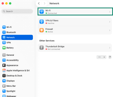 Wi-Fi connection status on macOS displayed in Settings.