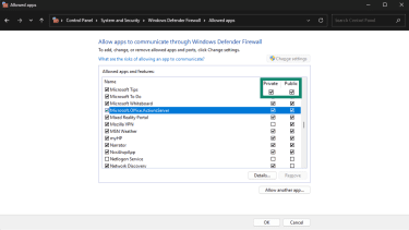 Private and Public permission options in Allowed apps.