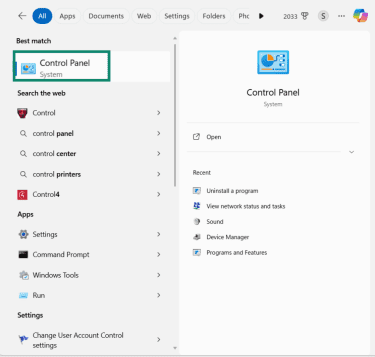 The Windows menu is open with the Control Panel highlighted.