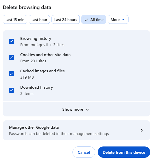 The Chrome delete browsing data window
