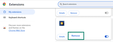 The Manage extension settings page is open and the Remove button is highlighted under an extension.