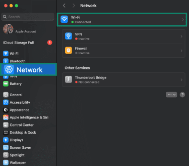 The Network settings window in macOS.