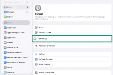 iPad Storage under General in iPad Settings.