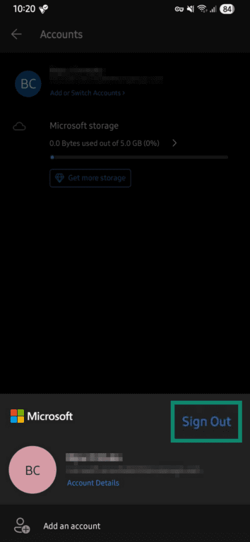 "Sign Out" option highlighted in the Office Word mobile app.