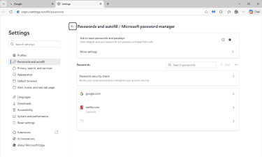 Microsoft Edge's password manager open with available accounts and passwords listed