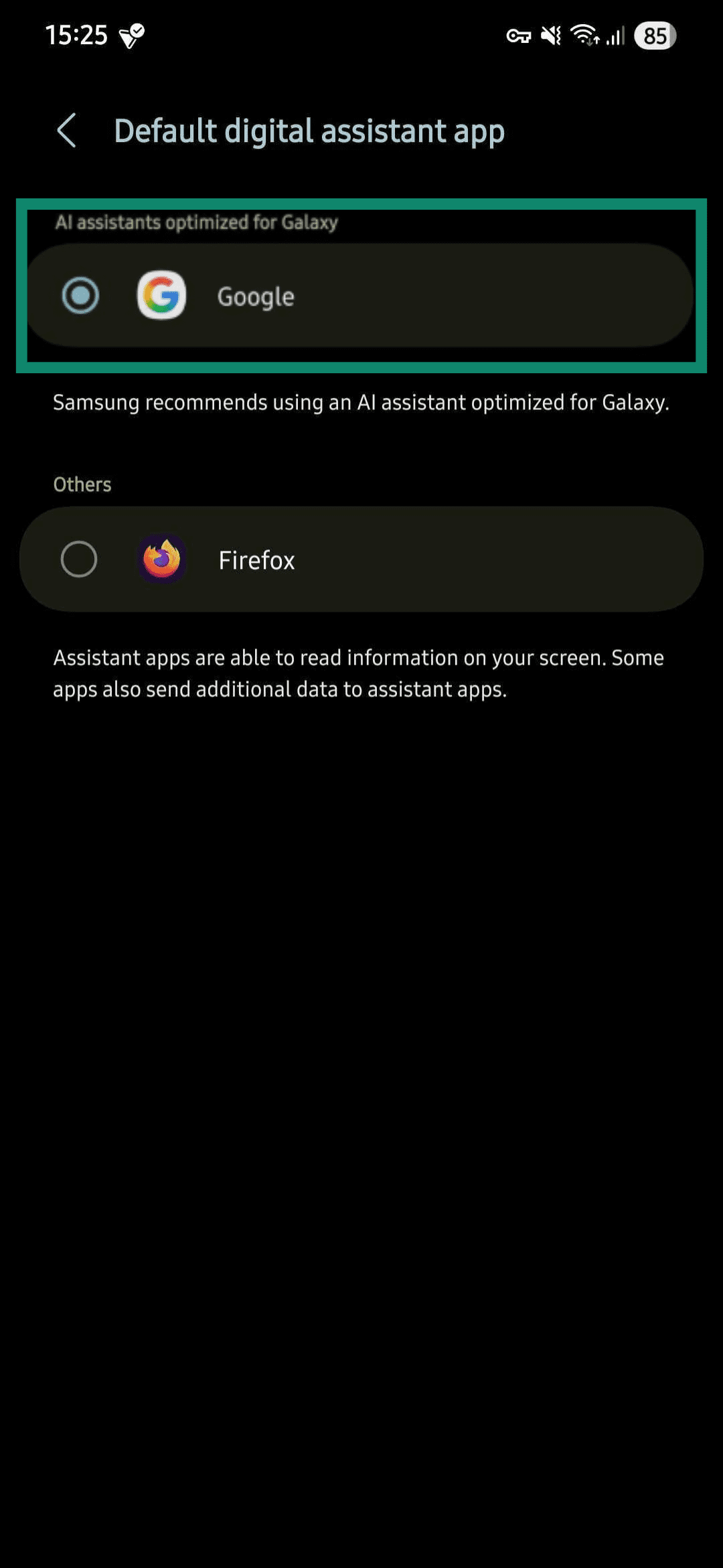 The Samsung default digital assistant app menu, focusing on the Google Assistant choice.