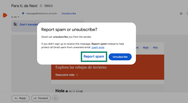 Gmail desktop pop-up with the “Unsubscribe” button highlighted.