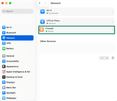 The macOS Network settings page, showing the firewall option.