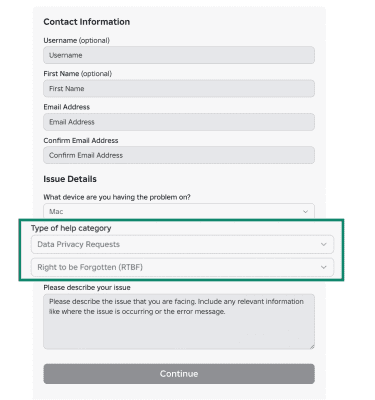 Help category set to Data Privacy Requests and Right to be Forgotten.