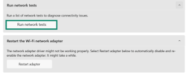 The Windows network and internet troubleshooter highlights the Run network tests button.
