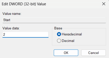 Registry editor window showing a value being set to 2.