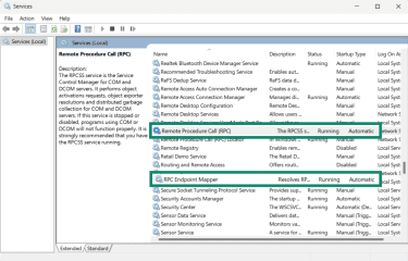 Windows services window shows that Remote Procedure Call (RPC) and RPC Endpoint Mapper are highlighted.