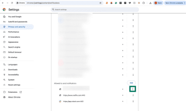 Chrome Privacy and security notifications settings page