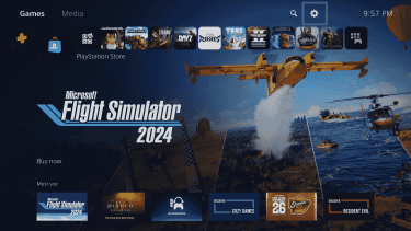 The PS5 homepage, highlighting the gear icon (settings menu) in the top right.