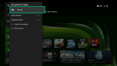 Xbox My games & apps menu with the See all option highlighted.