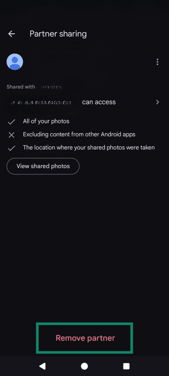 The Google Photos Partner sharing screen, highlighting the Remove partner option at the bottom.