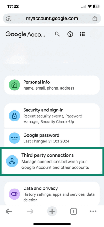 Google account with third-part connections menu option highlighted