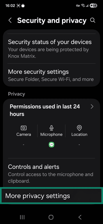 Android Security and privacy settings with More privacy settings highlighted.