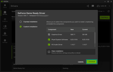 A new Nvidia driver installation page, showing various options.