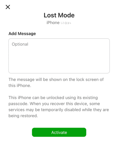 Lost Mode activation popup showing a message field, a brief explanation of the use of the message, and a green Activate button.