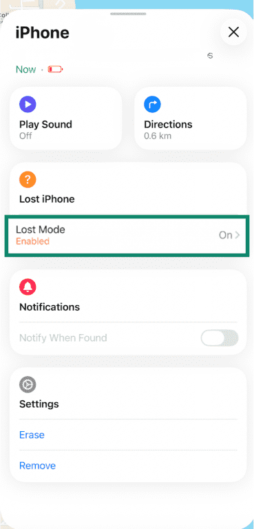 iPhone Find My app with Lost Mode button highlighted.