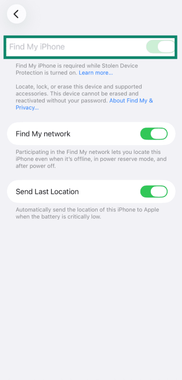 iPhone Find My Settings with Find My iPhone toggle option highlighted.