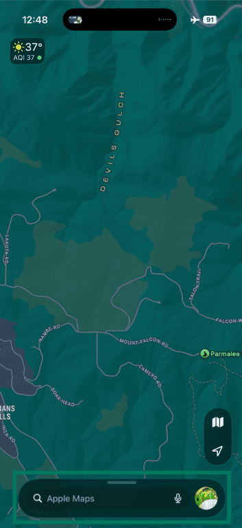 Apple Maps home screen with search bar and profile icon.