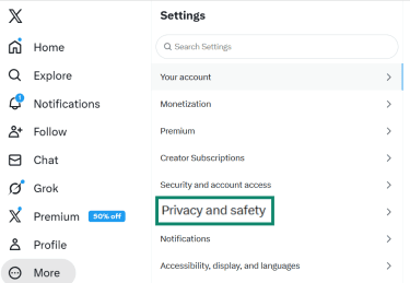 The X settings menu is open, and Privacy and safety is highlighted.