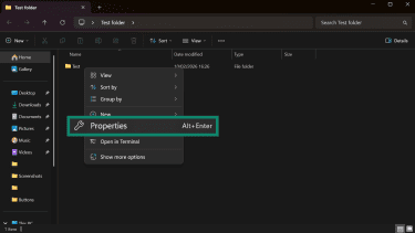 Right-click menu on folder open with the Properties option highlighted in Windows File Explorer.